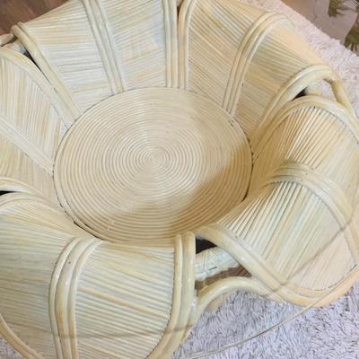 LOT 218: Rattan Split Reed Bell Flower Side and Coffee Tables with Glass Tops