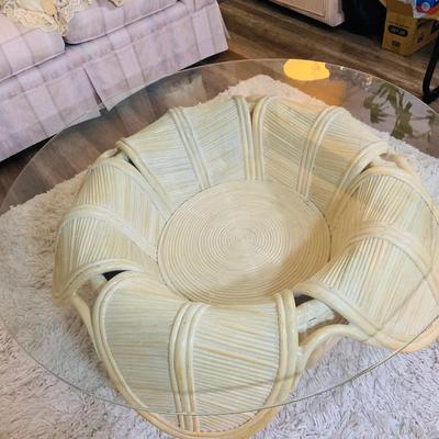 LOT 218: Rattan Split Reed Bell Flower Side and Coffee Tables with Glass Tops