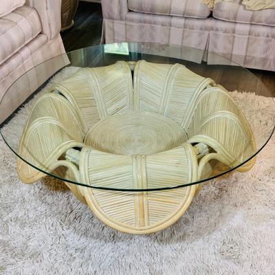 LOT 218: Rattan Split Reed Bell Flower Side and Coffee Tables with Glass Tops