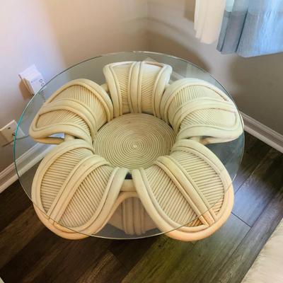 LOT 218: Rattan Split Reed Bell Flower Side and Coffee Tables with Glass Tops
