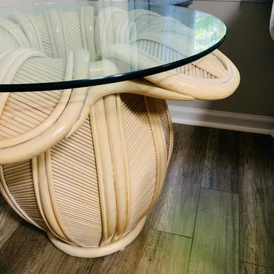 LOT 218: Rattan Split Reed Bell Flower Side and Coffee Tables with Glass Tops