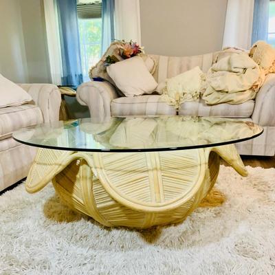 LOT 218: Rattan Split Reed Bell Flower Side and Coffee Tables with Glass Tops