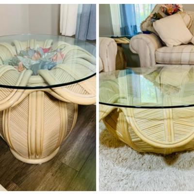 LOT 218: Rattan Split Reed Bell Flower Side and Coffee Tables with Glass Tops