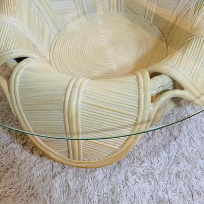 LOT 218: Rattan Split Reed Bell Flower Side and Coffee Tables with Glass Tops