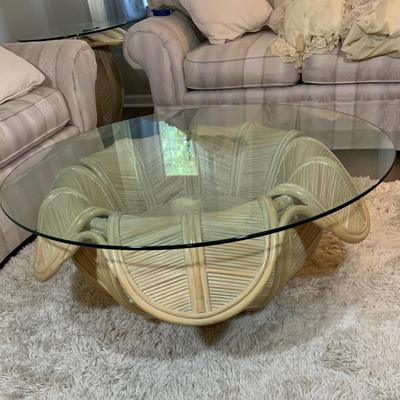 LOT 218: Rattan Split Reed Bell Flower Side and Coffee Tables with Glass Tops