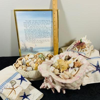 LOT 222: Beach Inspired Decor Featuring Sea Shell Bowls Loaded with Seashells, Towels and Wall Art.