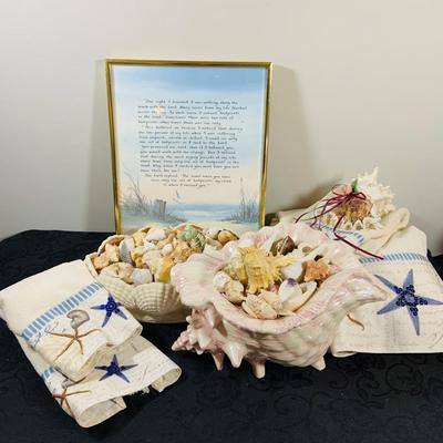 LOT 222: Beach Inspired Decor Featuring Sea Shell Bowls Loaded with Seashells, Towels and Wall Art.