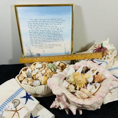 LOT 222: Beach Inspired Decor Featuring Sea Shell Bowls Loaded with Seashells, Towels and Wall Art.