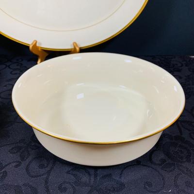 LOT 228: Lenox Eternal China Service Plater, Gravy Boat, Serving Dish with Handle (2) Serving Bowls and (8) Soup Bowl