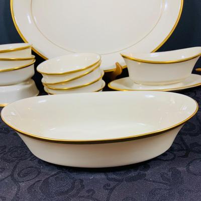 LOT 228: Lenox Eternal China Service Plater, Gravy Boat, Serving Dish with Handle (2) Serving Bowls and (8) Soup Bowl