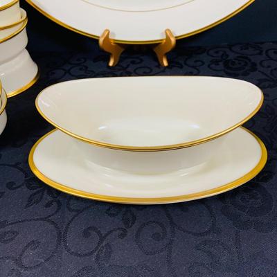LOT 228: Lenox Eternal China Service Plater, Gravy Boat, Serving Dish with Handle (2) Serving Bowls and (8) Soup Bowl