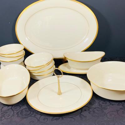 LOT 228: Lenox Eternal China Service Plater, Gravy Boat, Serving Dish with Handle (2) Serving Bowls and (8) Soup Bowl