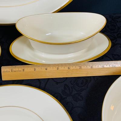 LOT 228: Lenox Eternal China Service Plater, Gravy Boat, Serving Dish with Handle (2) Serving Bowls and (8) Soup Bowl