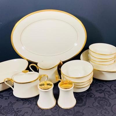 LOT Lenox Enteral China Serving Platter (2) Serving Bowls, Creamer and Sugar Bowl with Lid, Salt Shaker and Pepper Grinder and 8 Soup Bowls
