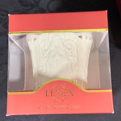 LOT 230: Lenox Holiday Decor Including Three (3) Candle Holder In Original Box, Holiday Paneled Bowl, Snowman Candy Tray 1990 Bell and...