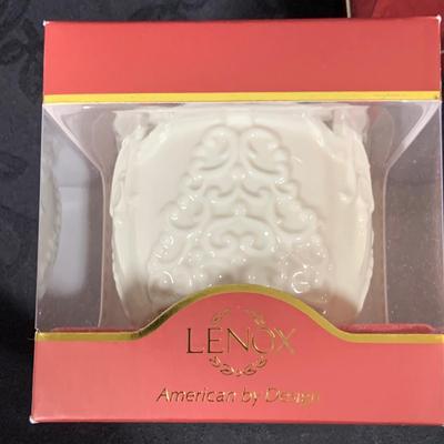 LOT 230: Lenox Holiday Decor Including Three (3) Candle Holder In Original Box, Holiday Paneled Bowl, Snowman Candy Tray 1990 Bell and...