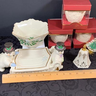 LOT 230: Lenox Holiday Decor Including Three (3) Candle Holder In Original Box, Holiday Paneled Bowl, Snowman Candy Tray 1990 Bell and...