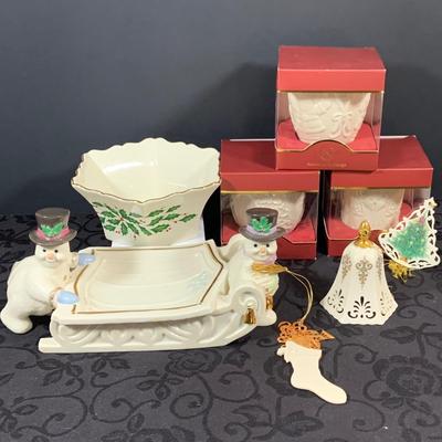 LOT 230: Lenox Holiday Decor Including Three (3) Candle Holder In Original Box, Holiday Paneled Bowl, Snowman Candy Tray 1990 Bell and...