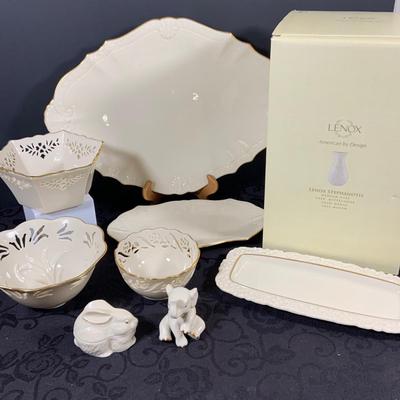 LOT 231: Lenox Collection Including Stephanotis Vase In Never Used - Platter,Candy Bowls and Dishes, Elephant Figurine and Rabbit Trinket...