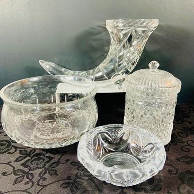 LOT 236: Collection of Crystal Pieces - Horn Cornucopia, Bowl, Jar and Ashtray