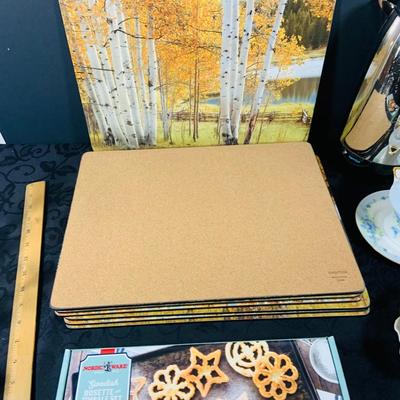 LOT 237: Kitchen and More Collection Including Pimpernel Placemats, Chicken on a Egg Dish, Vintage Glass Creamer and Sugar Bowl with...