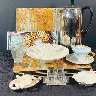 LOT 237: Kitchen and More Collection Including Pimpernel Placemats, Chicken on a Egg Dish, Vintage Glass Creamer and Sugar Bowl with...