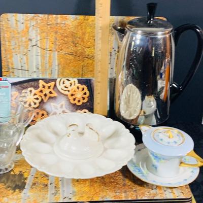 LOT 237: Kitchen and More Collection Including Pimpernel Placemats, Chicken on a Egg Dish, Vintage Glass Creamer and Sugar Bowl with...