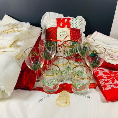 LOT 238: Large Selection of Christmas Linens, Holiday Glasses and Metal Decor
