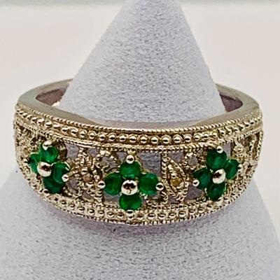LOT 243: Designer "CC" Sterling Silver & Diamond & Emerald Band/Ring, Sz 9