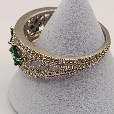 LOT 243: Designer "CC" Sterling Silver & Diamond & Emerald Band/Ring, Sz 9