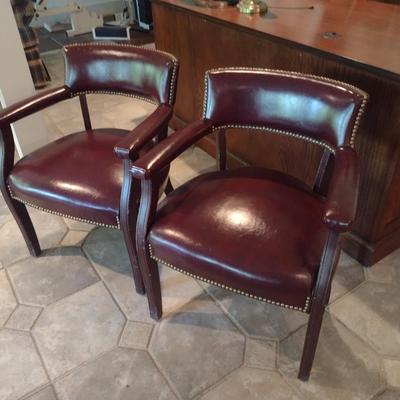 Pair of Wood Framed Faux Leather with Brass Tack Accents Sitting Chairs Choice B