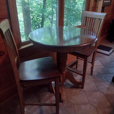 Three Piece Pine Wood Pedestal Table and Chair Set Pub Height