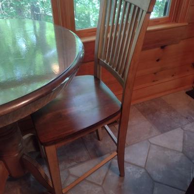 Three Piece Pine Wood Pedestal Table and Chair Set Pub Height