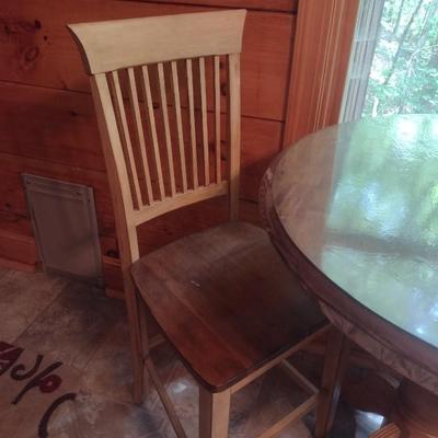 Three Piece Pine Wood Pedestal Table and Chair Set Pub Height