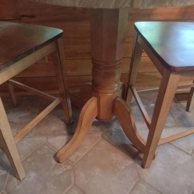 Three Piece Pine Wood Pedestal Table and Chair Set Pub Height