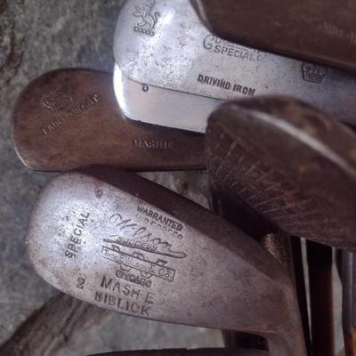 Antique Wood Shaft Golf Clubs Irons and Woods with Leather Par-Bag Golf Bag