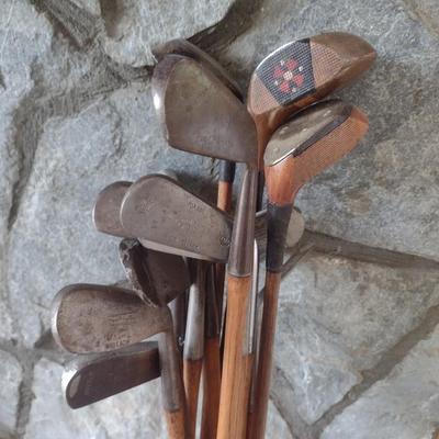 Antique Wood Shaft Golf Clubs Irons and Woods with Leather Par-Bag Golf Bag