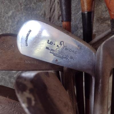 Antique Wood Shaft Golf Clubs Irons and Woods with Leather Par-Bag Golf Bag