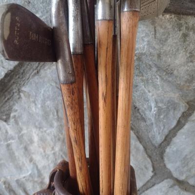 Antique Wood Shaft Golf Clubs Irons and Woods with Leather Par-Bag Golf Bag