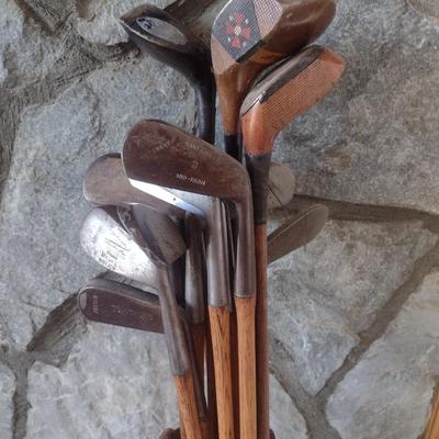 Antique Wood Shaft Golf Clubs Irons and Woods with Leather Par-Bag Golf Bag