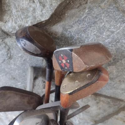Antique Wood Shaft Golf Clubs Irons and Woods with Leather Par-Bag Golf Bag