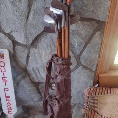 Antique Wood Shaft Golf Clubs Irons and Woods with Leather Par-Bag Golf Bag