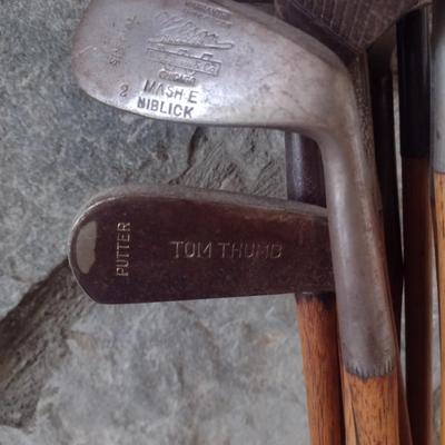 Antique Wood Shaft Golf Clubs Irons and Woods with Leather Par-Bag Golf Bag