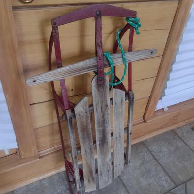 Vintage Wood Slat Metal Runner Snow Sled
