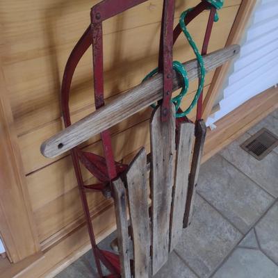Vintage Wood Slat Metal Runner Snow Sled