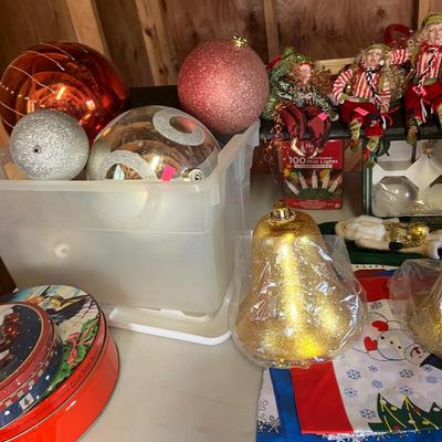 Sale Photo Thumbnail #163: Christmas ornaments, metal tree, and more.