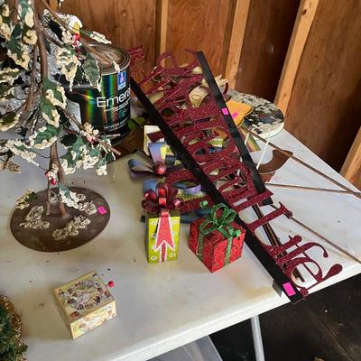 Sale Photo Thumbnail #161: Christmas ornaments, metal tree, and more.