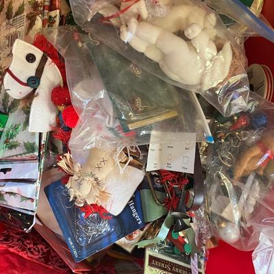 Sale Photo Thumbnail #165: Christmas ornaments, metal tree, and more.