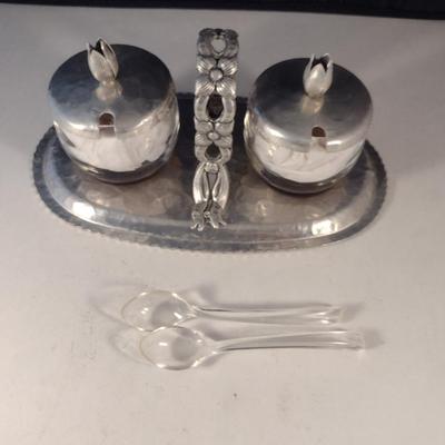 Vintage Pressed Metal and Glass Condiment Caddy