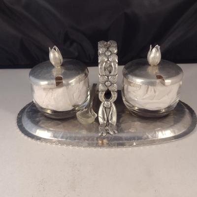 Vintage Pressed Metal and Glass Condiment Caddy